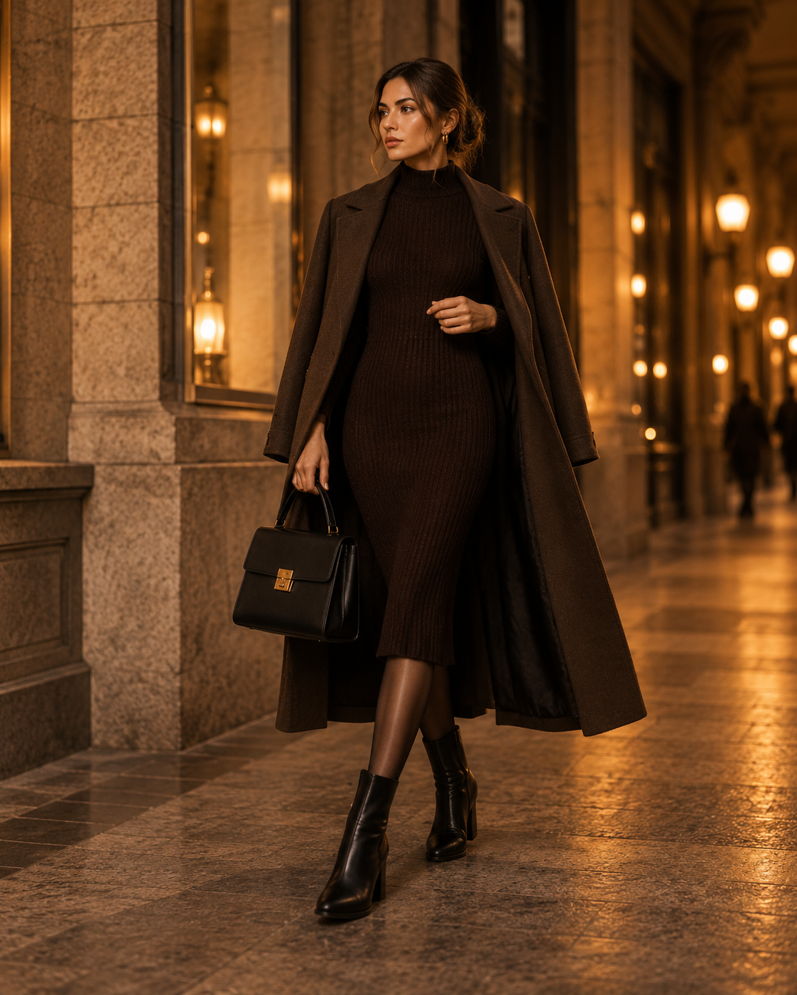 Ținută elegantă de toamnă cu rochie tricotată palton lung și botine