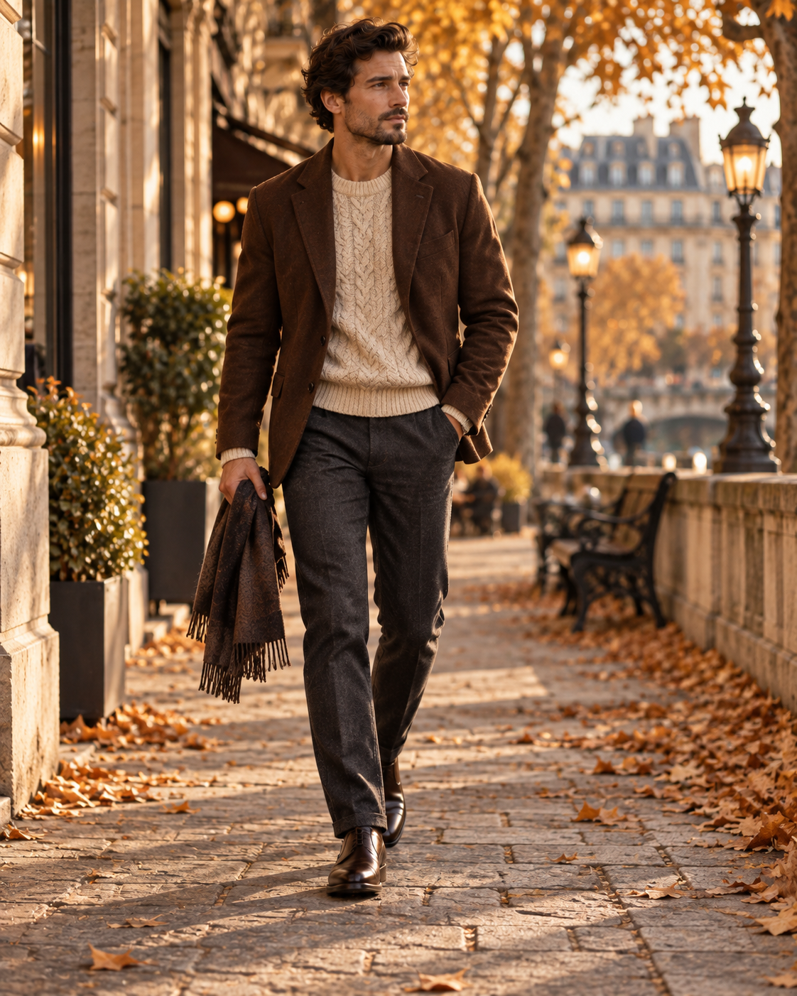 Ținută smart casual pentru bărbați cu sacou maro pulover deschis și pantaloni