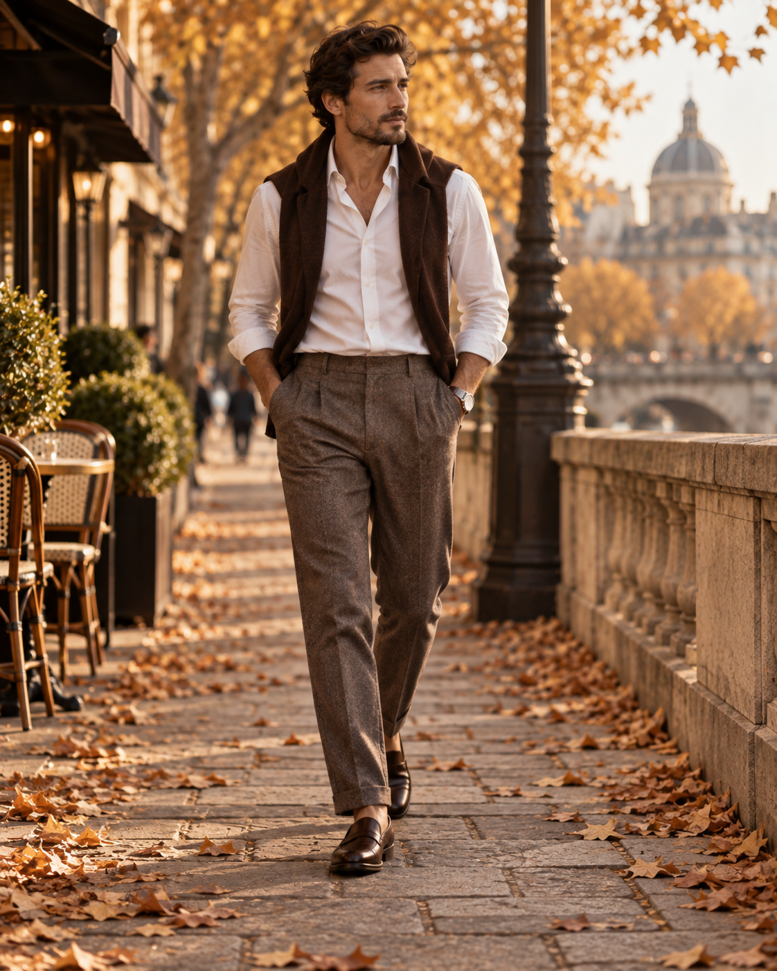 Ținută masculină de toamnă cu cămașă albă pantaloni relaxați și mocasini maro