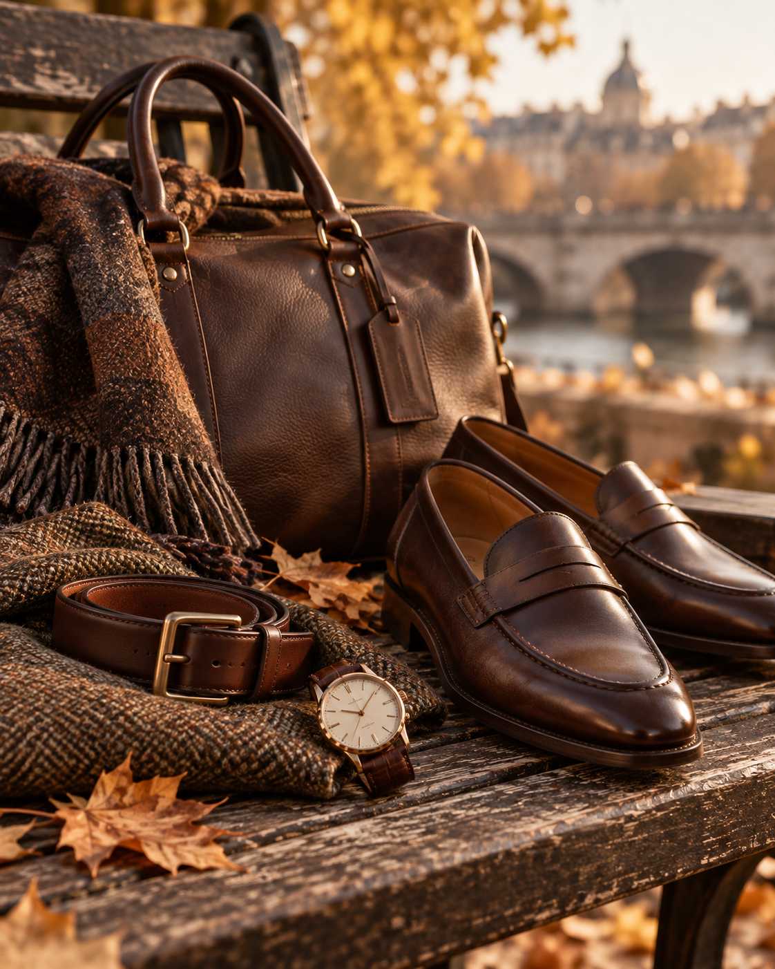 Accesorii masculine de toamnă cu geantă curea ceas fular și mocasini